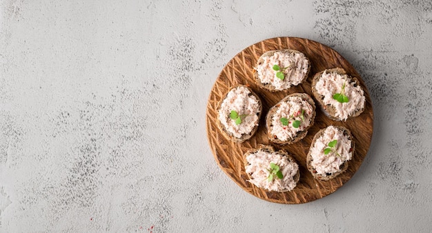 Bruschetta with tuna pate fish rillettes