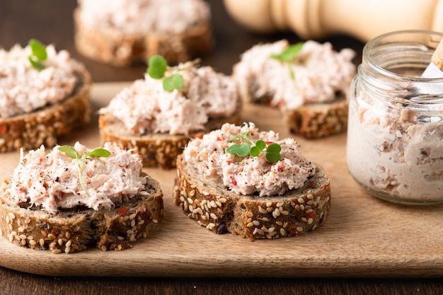 Bruschetta with tuna pate fish rillettes