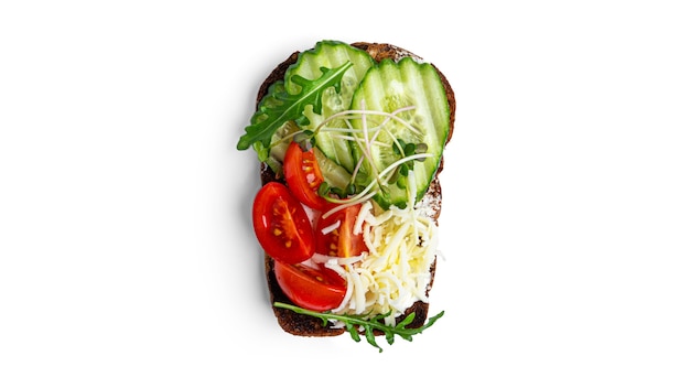 Bruschetta with vegetables and mozzarella cheese on a white background. High quality photo