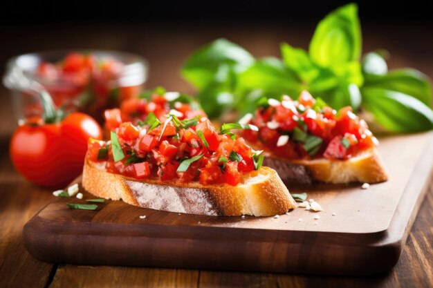 Bruschetta on a wooden board sprinkled with chopped fresh basil