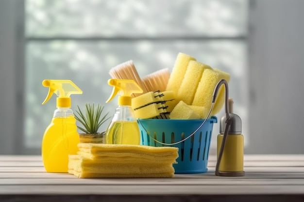 Brush bottle with cleaning solution sponge rag and yellow rubber gloves on white background