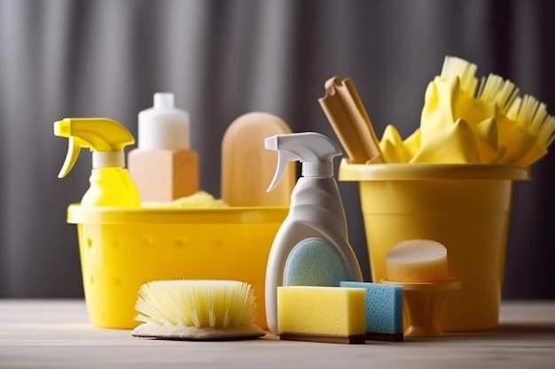 Brush bottle with cleaning solution sponge rag and yellow rubber gloves on white