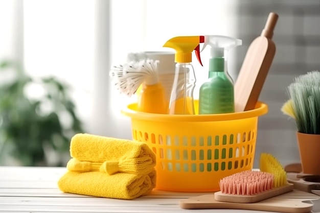 Brush bottle with cleaning solution sponge rag and yellow rubber gloves