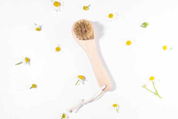 Photo brush for dry massage on a wooden background with medicinal chamomile flowers top view