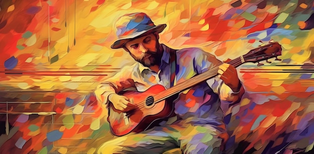 brush painting colorful abstract man plays guitar