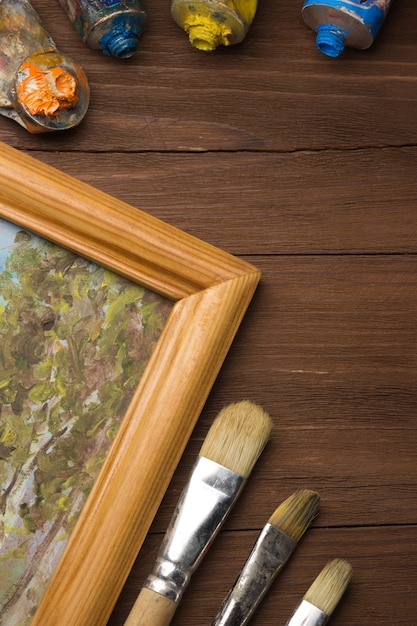 Photo brush and painting  on wood background