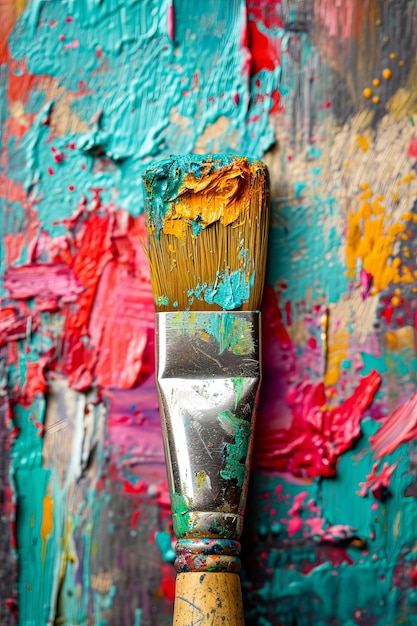 Brush with multicolored bristles is in front of very colorful and splattered background likely