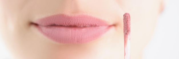 Brush with pink lip gloss on the background of the face closeup blurry decorative cosmetics