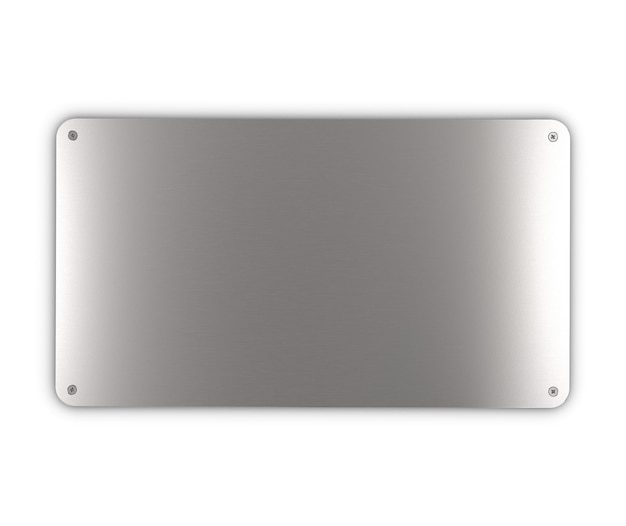 Brushed metallic plaque with four screws over white background, round corners