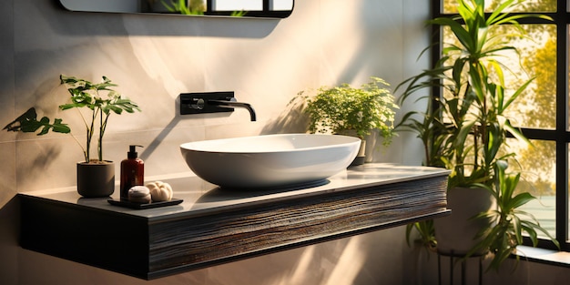 白い鉢と植物を備えたブラッシュ付きのステンレススチール浴室シンク