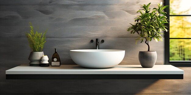 白い鉢と植物を備えたブラッシュ付きのステンレススチール浴室シンク