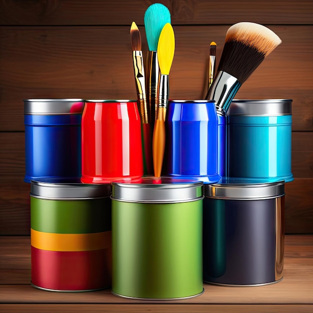 Brushes for painting and empty paint cans on wooden background