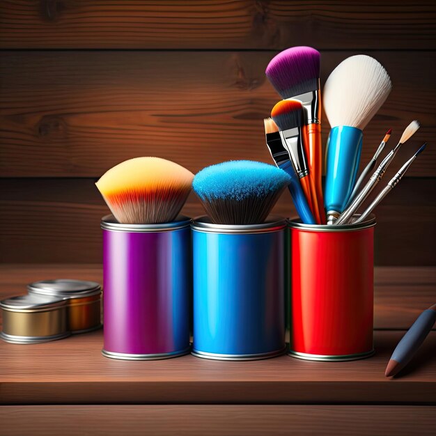Brushes for painting and empty paint cans on wooden background