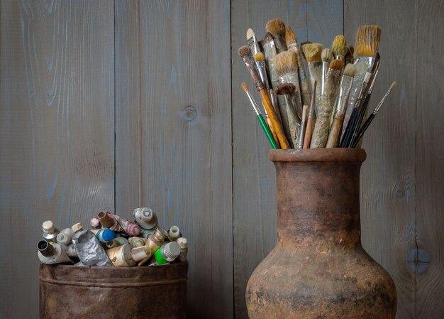 Brushes and paints of the artist. Artistic equipment.