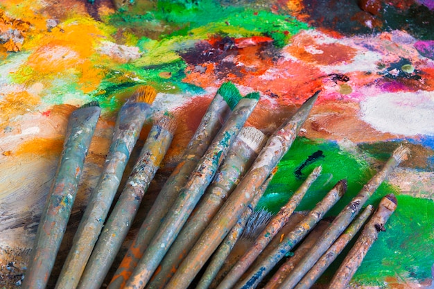 Brushes and palette with paints