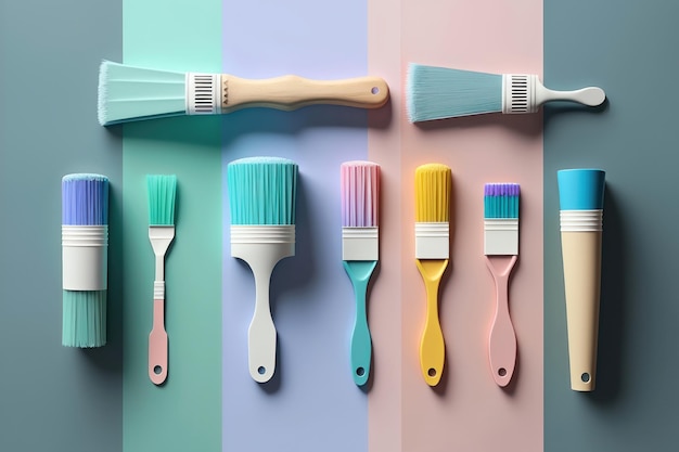 Brushes with wooden handles and paint on a blue pastel background Renovation concept AI generation