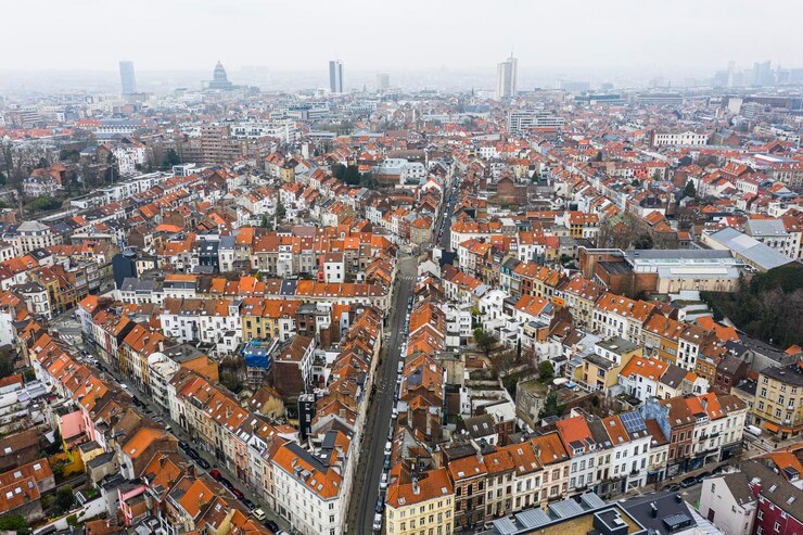 Foto brussel, belgië 3 januari 2021 panorama van boven basiliek van koekelberg op de achtergrond