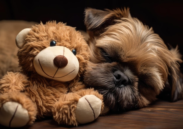 A Brussels Griffon cuddled up with a stuffed animal for naptime