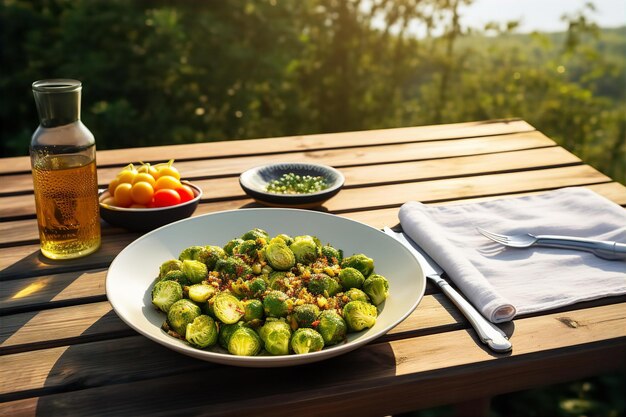 Brussels Sprouts Casserole and Drink for Lunch on the Wooden Table with Nature Background