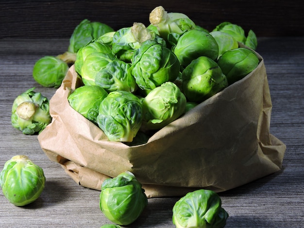 Brussels sprouts in a paper bag.