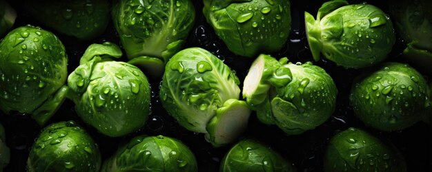 Brussels sprouts with drops of water juicy and fresh round plan panorama High quality photo