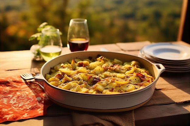 Brusselse spruiten casserole en drankje voor de lunch op de houten tafel met natuur achtergrond