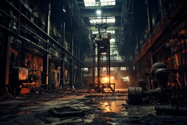 Brusty factory building interior with broken machinery and sunlight shining through the roof