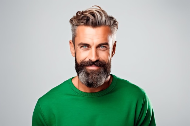 Brutal bearded man with pleasant look with European appearance on white isolated background