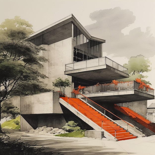 Brutal Beauty Abstract Collage Art Depicting a House in Brutalist Style Generative AI