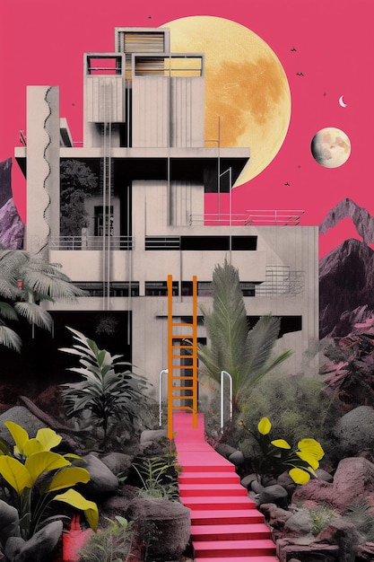Абстрактное искусство коллажа Brutal Beauty, изображающее дом в бруталистском стиле Generative AI