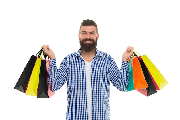 Brutal caucasian hipster with moustache Shopping sale Male barber care Black Friday Cyber Monday Bearded man with shopping bags Mature happy hipster with beard Perfect day