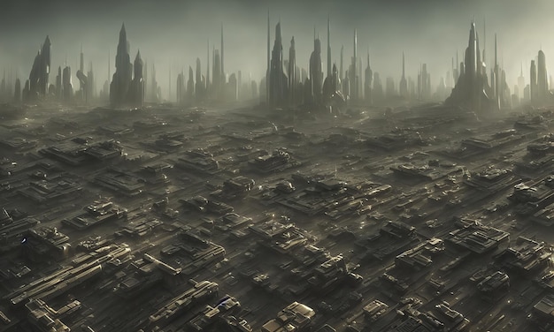 Città brutale di una civiltà aliena l'intera superficie del pianeta è ricoperta da case ed edifici futuristici illustrazione 3d