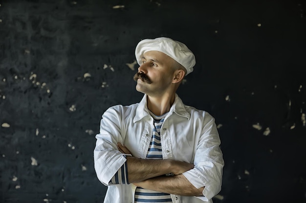 brutal cook with mustache, unusual marine chef in a vest, vintage style