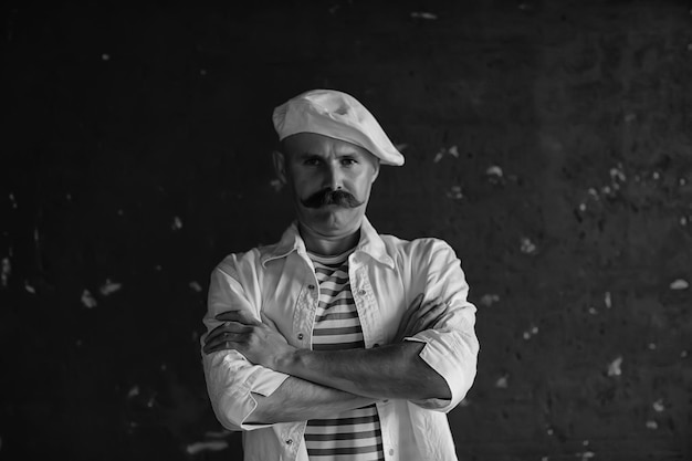 brutal cook with mustache, unusual marine chef in a vest, vintage style