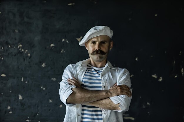 brutal cook with mustache, unusual marine chef in a vest, vintage style