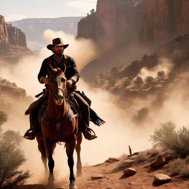 Photo brutal cowboy in the rocks in the wild west