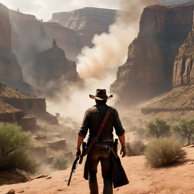 Brutal cowboy in the rocks in the wild west