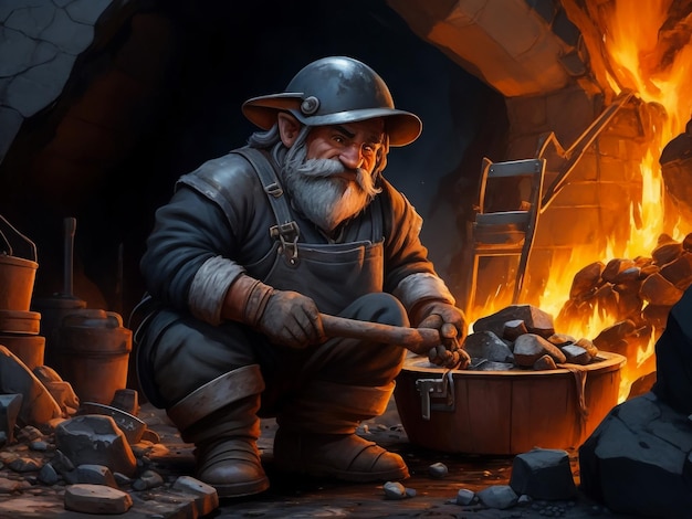 A brutal dwarf blacksmith forges a sword with a hammer swinging for another blow with his hammer