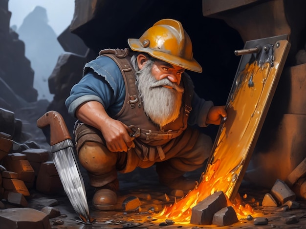 A brutal dwarf blacksmith forges a sword with a hammer swinging for another blow with his hammer