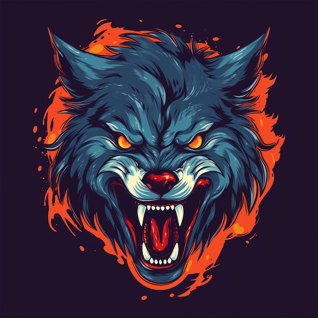 Жестокий злой волк портрет светящиеся волчьи глаза красный цвет большая голова 3d иллюстрация