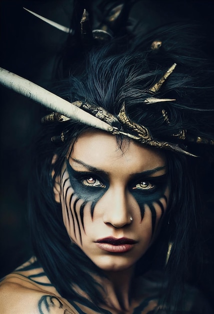 A brutal fictional blackhaired girl in ancient warrior garb stands in a warrior pose