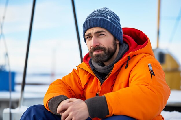 Brutal fisherman ice fishing on a frozen lake in winter