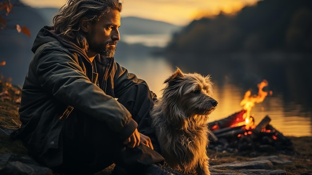 A brutal man sits by the fire in the evening with his favorite dog