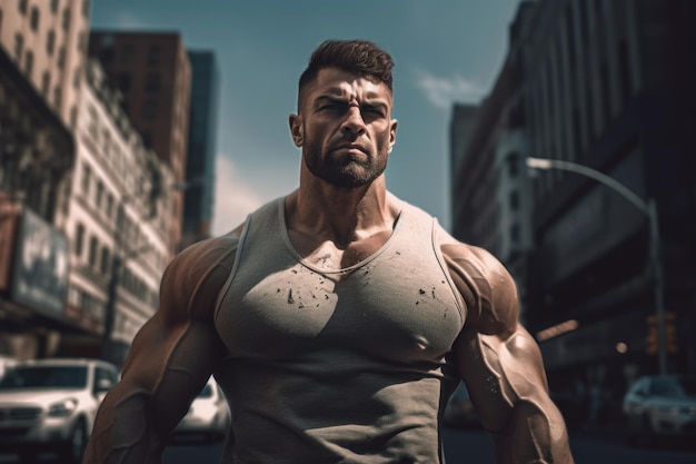 Photo brutal muscular man in the street ai generated