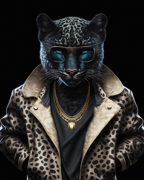 Premium Photo | Brutal panther in glasses and a jacket on a black ...