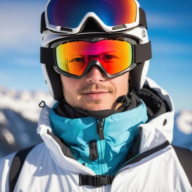 Foto brutale snowboarder dai capelli rossi con la barba piena in un cappello da inverno e occhiali protettivi indossati