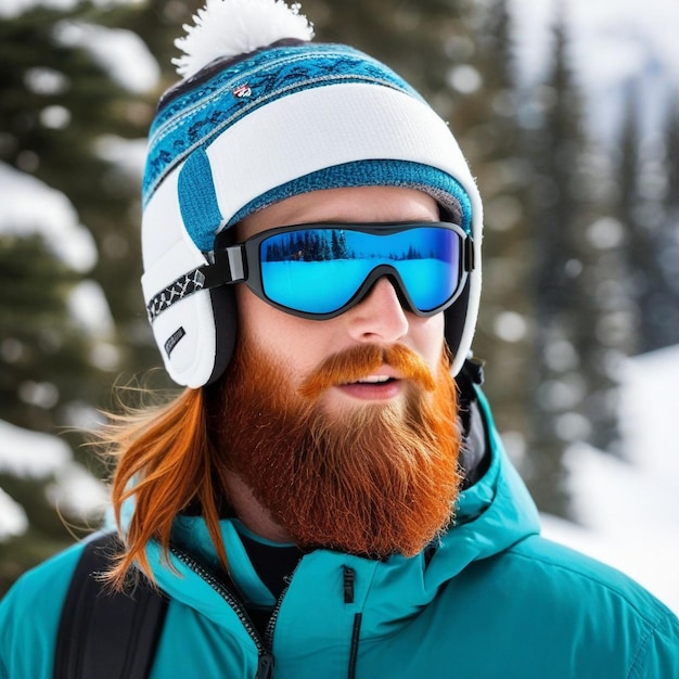 Брутальный рыжий сноубордист с полной бородой в зимней шляпе и защитными очками