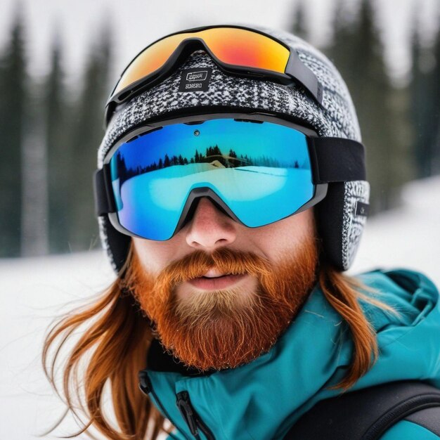 Photo brutal redhead snowboarder with a full beard in a winter hat and protective glasses dressed