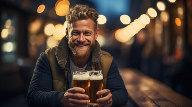 Photo brutal scandinavian man with glass of beer bokeh blurred pub background