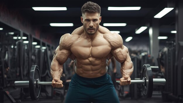 Brutal strong athletic men bodybuilder trains in the gym